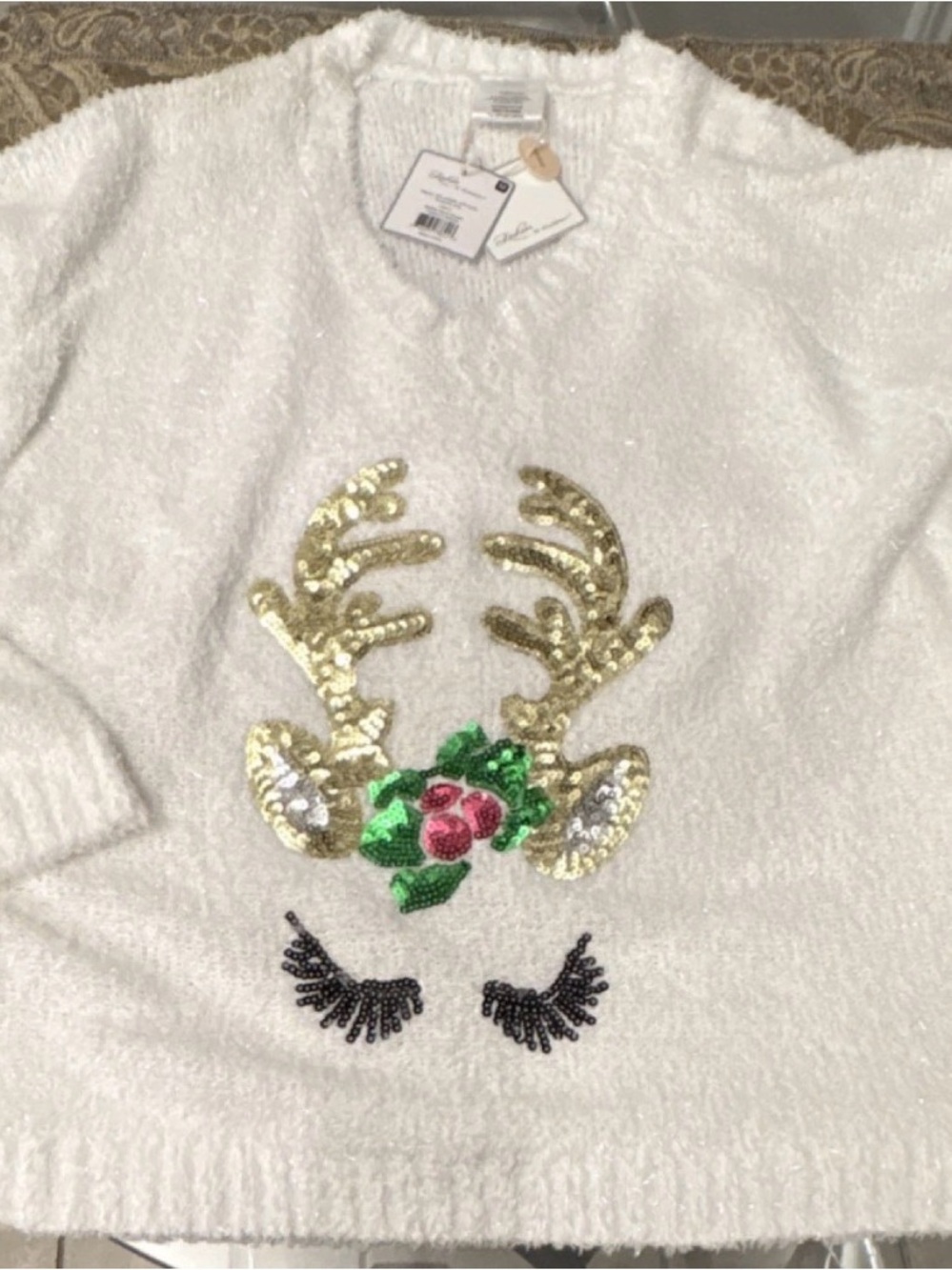 Christmas Holiday White Sequin Reindeer Sweater